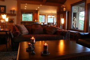 brown wooden coffee table near brown couch